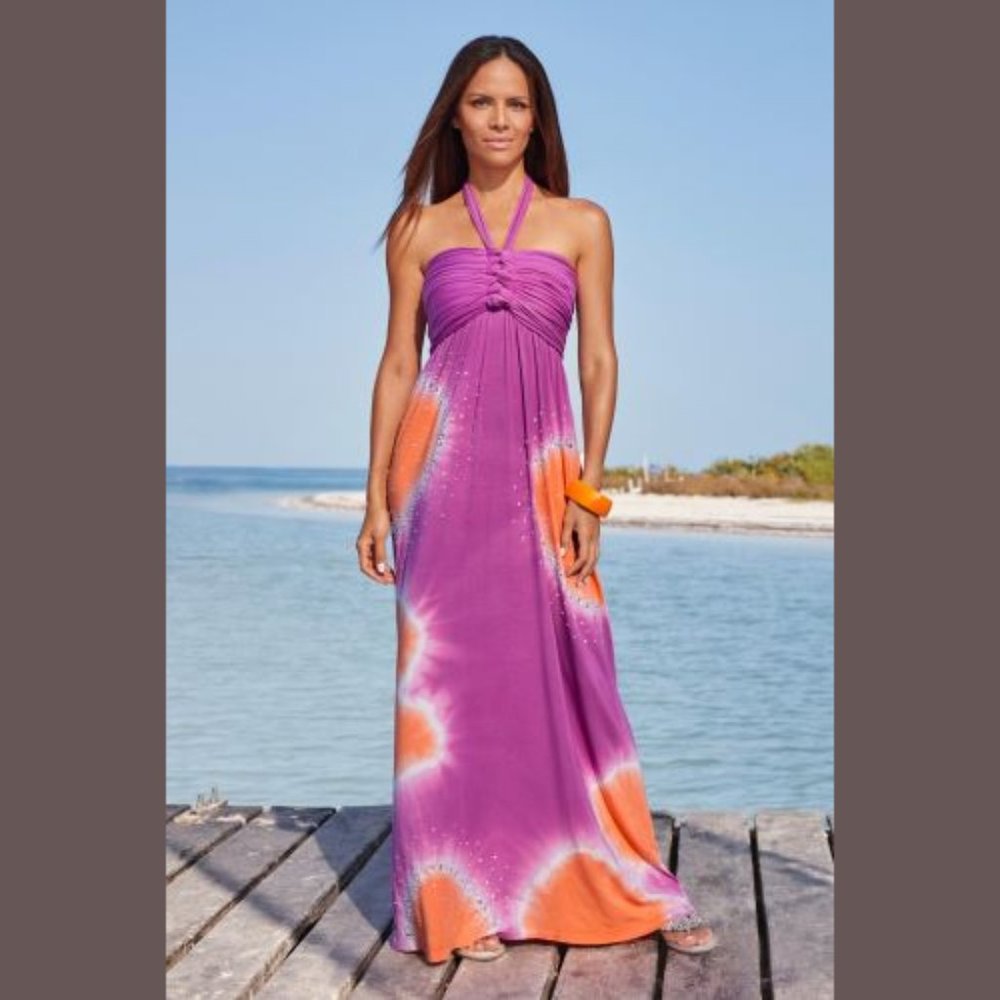 BOSTON PROPER EMBELLISHED TIE DYE HALTER MAXI DRESS SIZE: XS